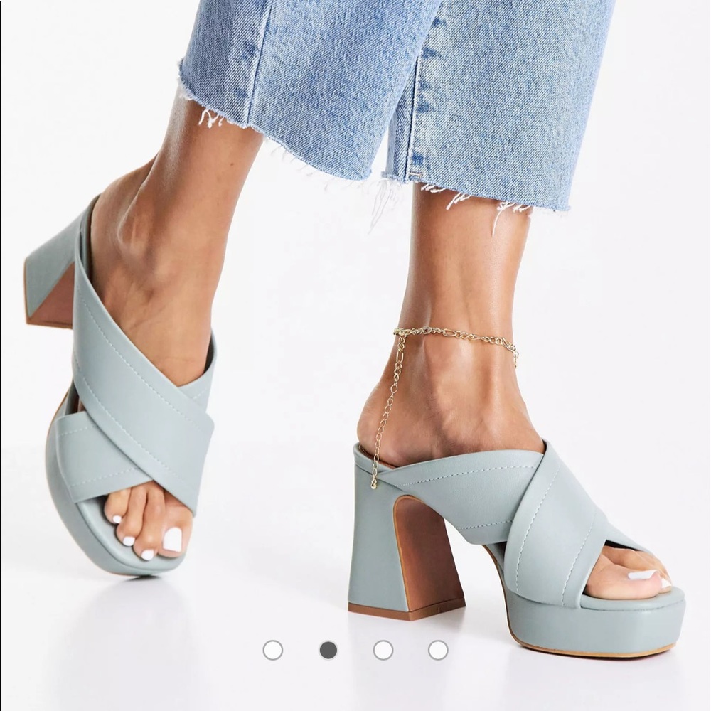 ASOS DESIGN Hail cross strap platform heeled mules in sage green, size 8